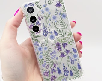 Case for Samsung Purple Blue Floral Pattern Clear Card Holder Phone Case Galaxy S26 S25 S24 S23 S22 S21 + Ultra Plus FE A16 A15 A56 A55 A54