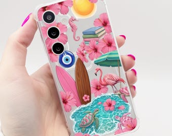 Pink Flamingo Hibiscus Flower Beach Card Holder Phone Case Galaxy S26 S25 S24 S23 S22 S21 + Ultra Plus FE A16 A15 A14 A56 A55 A54 A53