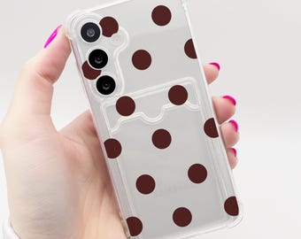 Brown Polka Dot Pattern Clear Card Holder Phone Case Galaxy S26 S25 S24 S23 S22 S21 + Ultra Plus FE A16 A15 A14 A56 A55 A54 A53