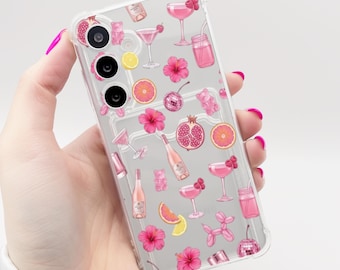 Pink Summer Pattern Clear Card Holder Phone Case Galaxy S25 S24 S23 S22 S21 + Ultra Plus FE A16 A15 A14 A56 A55 A54 A53