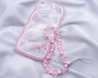 Pink Cloud Print Clear iPhone Case with Star Beaded Lanyard for iPhone 15 14 13 12 11 XR X XS 7 8 Se Pro Max Plus Shockproof Phone Cover