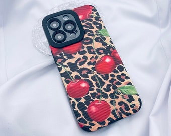 Cherry Leopard Cheetah Print iPhone Case for iPhone 15 14 13 12 11 Xr X XS 7 8 SE Pro Max Plus Shockproof Phone Cover