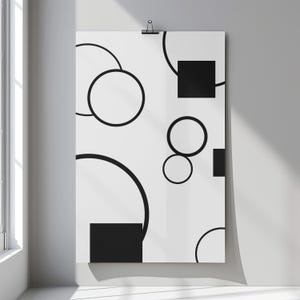 Black and White Geometric Wall Art – Modern Abstract Circle and Square Print – Minimalist Line Art for Living Room Bedroom Decor Line Art