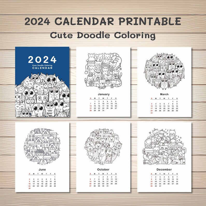 Calendar 2024 Printable Cute Doodle Coloring Etsy