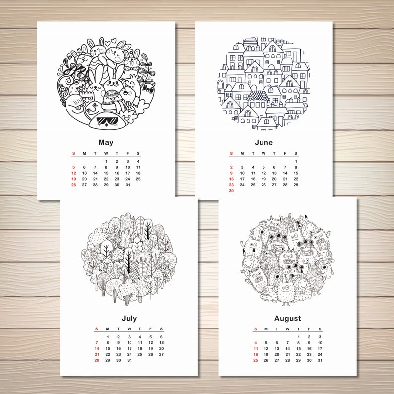 Calendar 2024 Printable Cute Doodle Coloring Etsy