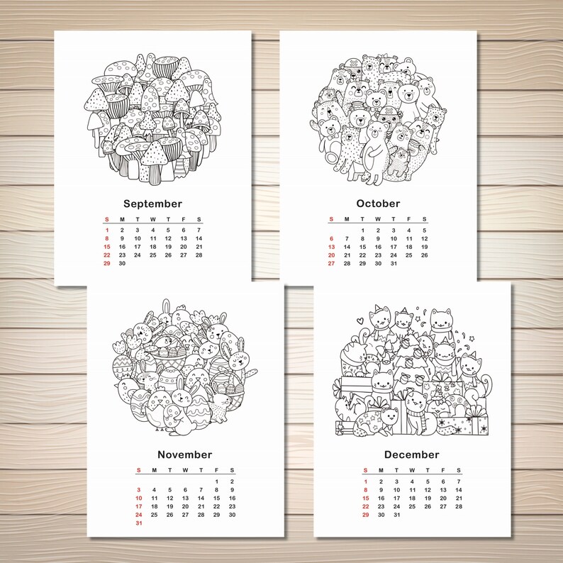 Calendar 2024 Printable Cute Doodle Coloring Etsy