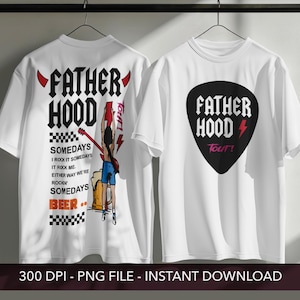 Może przedstawiać: Dwie białe koszulki z napisem "FATHER HOOD" w stylu rock and roll. Jedna koszulka ma wzór kostki do gitary z napisem "Tour!". Druga koszulka ma grafikę osoby grającej na gitarze ze słowami "SOMEDAYS" i "BEER".