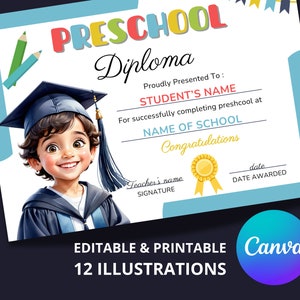 Preschool Diploma template for nursery school with photo - congratulatory certificate for child - printable and editable - Canva