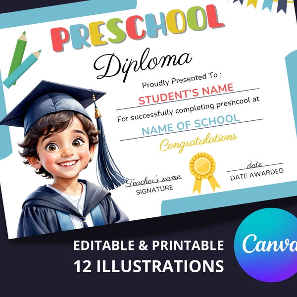 Modèle de Diplôme Préscolaire pour école Maternelle avec photo - certificat de félicitations pour enfant - imprimable et modifiable - Canva