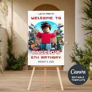 May include: A white sign on a wooden easel with the text "WELCOME TO" and "ANGELO'S 6TH BIRTHDAY AUGUST 5, 2025". The sign features a cartoon character and a background with buildings and vehicles. The Canva logo is in the bottom right corner.