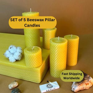 5 Candle Set of Hand-Rolled Beeswax Pillar Candle for Eco-Friendly Home Decor Elegant Beeswax Candles for Cozy Ambiance & Authentic Gift Set