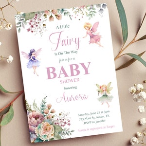 Editable Fairy Baby Shower Digital Invitation, Baby Girl Customizable Party Invite, Template