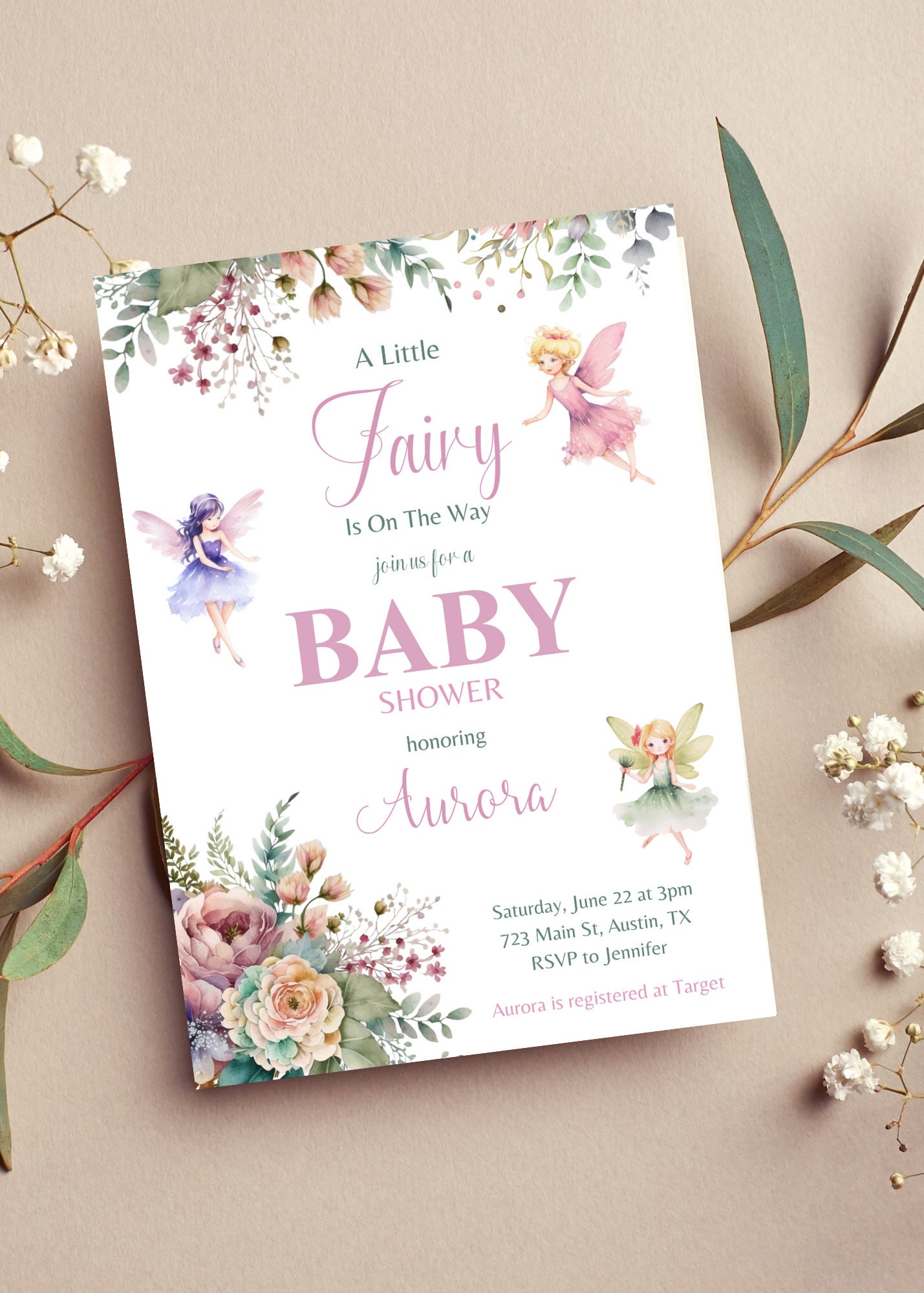 Editable Fairy Baby Shower Digital Invitation, Baby Girl Customizable ...