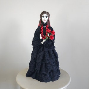 Handmade art doll in black dress with red roses. Unique style doll. Exclusive housewarming gift for collectors