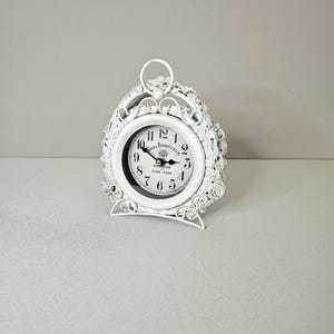 Desk clock. Ticking clock. Vintage clock. Handmade cute decoration flower clock. Art clock. White and gold color clock