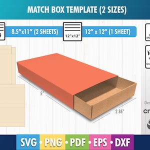 以下が含まれることがあります： 引き出し付きのマッチボックスのテンプレートです。テンプレートは、8.5インチ×11インチと12インチ×12インチの2つのサイズで表示されます。テンプレートはCricut用に設計されています。