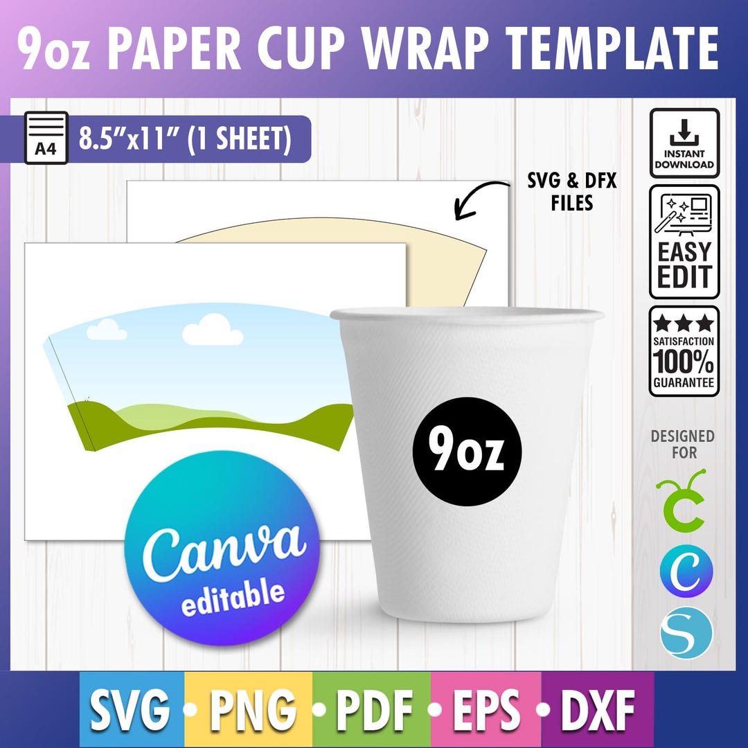 9oz Paper Cup Wrapper Template, Paper Cup Wrapper SVG, Paper Coffee Cup ...
