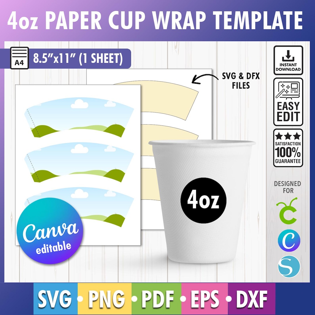 4oz Paper Cup Wrapper Template, Paper Cup Wrapper SVG, Paper Coffee Cup ...