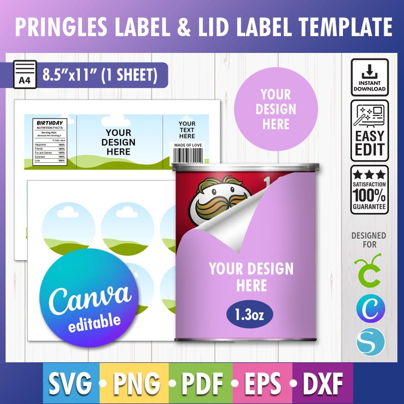 May include: A template for Pringles labels and lid labels. The design includes a Pringles can with a partially peeled label, a sheet with label designs, and a circle with the text "Your Design Here". The template is Canva editable.