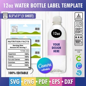 12oz Water Bottle Label Svg, Water Bottle Labels Template, Water Bottle Blank Template, Canva Template, DIY Label Template Party Template