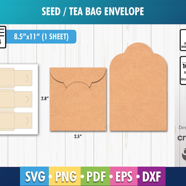 Seed Packet Template, Tea Bag Envelope Template, Printable Tea Bag Envelope Template, PNG, SVG, Dxf, 8.5x11" sheet, Instant Download