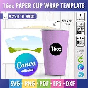 16oz Paper Cup Wrapper Template, Paper Cup Wrapper SVG, Paper Coffee Cup Template, Paper Cup Wrapper Mockup, 4oz,8oz,9oz - 12oz - 16oz -22oz