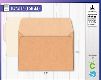 May include: A brown C6 envelope template with dimensions of 6.4 inches by 4.5 inches. The template is designed for use with a standard 8.5 inch by 11 inch sheet of paper.