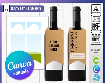 May include: Wine bottle tag design featuring two bottles, one with "YOUR DESIGN HERE" and the other with "CHEERS! Let's Celebrate". Includes a Canva editable template, SVG, PNG, PDF, EPS, and DXF file formats. The tag is 21.6cm x 27.9cm (1 sheet).