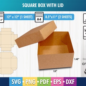 Geschenkbox-Vorlage, Quadratische Box mit Deckel, Quadratische Box-Vorlage, Geschenkbox, Aufbewahrungsbox, Versandbox, SVG, DXF, PDF, Png Cricut, Silhouette