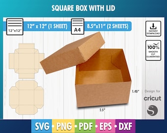 Sjabloon geschenkdoos, vierkante doos met deksel, sjabloon vierkante doos, geschenkdoos, opbergdoos, verzenddoos, SVG, DXF, PDF, png Cricut, Silhouet