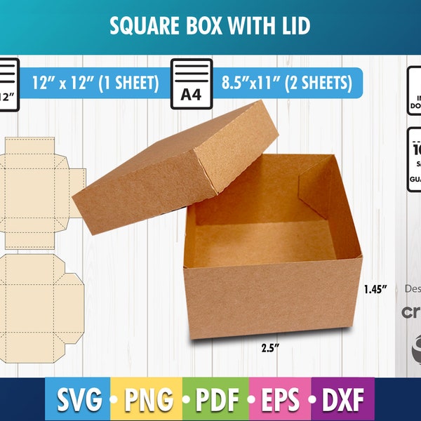 Geschenkbox-Vorlage, Quadratische Box mit Deckel, Quadratische Box-Vorlage, Geschenkbox, Aufbewahrungsbox, Versandbox, SVG, DXF, PDF, Png Cricut, Silhouette