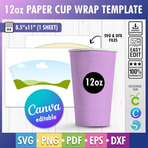 12oz Paper Cup Wrapper Template, Paper Cup Wrapper SVG, Paper Coffee Cup Template, Paper Cup Wrapper Mockup, 4oz,8oz,9oz - 12oz - 16oz -22oz
