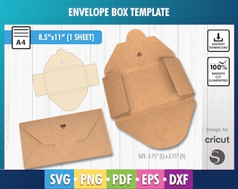 May include: A printable template for an envelope box, designed for Cricut. The template is shown on a brown background with a white outline. The template is 8.5 inches by 11 inches and includes a heart-shaped cut-out. The text "SIZE: 5.75" (L) x 3.15" (H)" is also included.