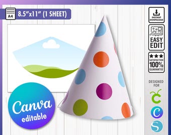 Birthday Hat Template, Party Hat Template, Party Hat Svg, Blank Hat Template, Paper Hat Template, No Glue Party Hat Template, Canva Editable