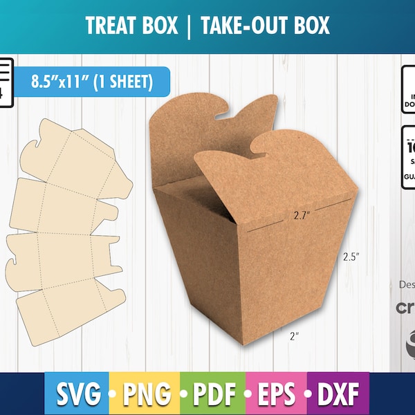 Take-out-Box-Schnittdateivorlage Partybevorzugung, Leckerli-Box-Vorlage, Cricut-Schnittdateien, Silhouette-Schnittdateien zum Herunterladen, A4-Blatt, SVG-PNG-PDF-Dxf