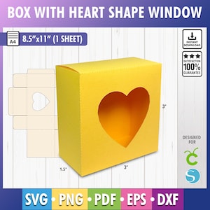 May include: A printable template for a yellow box with a heart-shaped window. The box is 3 inches tall and 3 inches wide. The template is designed for 8.5 x 11 inch paper.