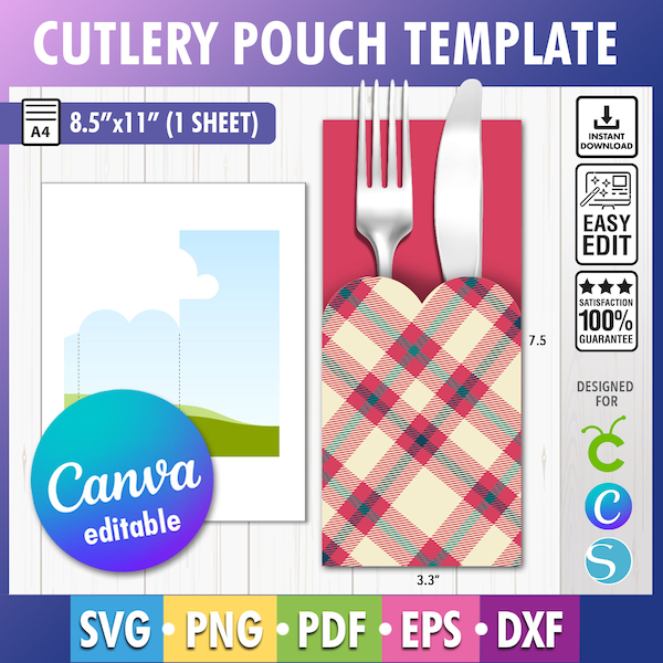 Cutlery pouch Template, Cutlery Set template, Cutlery Paper Holder Template SVG, Canva Editable, Png Cutlery holder SVG, Heart shape cutlery