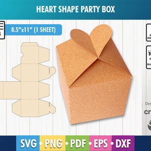 May include: A printable template for a heart-shaped party favor box. The template is 8.5 inches by 11 inches and is designed for use with a Cricut cutting machine. The template is shown next to a brown heart-shaped box.
