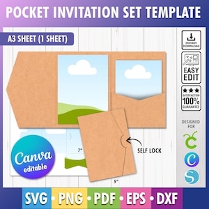 Busta per invito di nozze tascabile con taglio laser 5x7, SVG Ai Dxf, Eps, modello PDF, Silhouette Cameo, Cricut, invito RSVP, invito tagliato al laser
