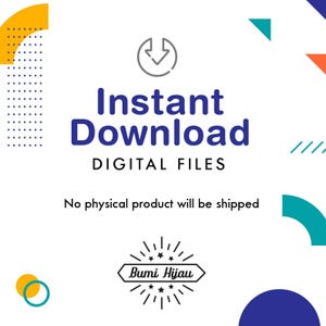 Puede incluir: Un gr&aacute;fico de descarga digital con una flecha azul y blanca apuntando hacia abajo, el texto "Descarga instant&aacute;nea" y el texto "ARCHIVOS DIGITALES". Debajo del texto est&aacute; la frase "No se enviar&aacute; ning&uacute;n producto f&iacute;sico". El gr&aacute;fico tambi&eacute;n incluye un logotipo con el texto "Bumi Hijau" en un estilo vintage.