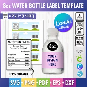 8oz Water Bottle Label Svg, 8OZ Water Bottle Labels Template, Water Bottle Blank Template, Canva Template, DIY Label Template Party Template