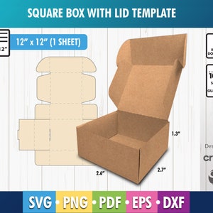 Plantilla de caja de regalo, caja cuadrada con tapa, plantilla de caja cuadrada, caja de regalo, caja de almacenamiento, caja de envío, SVG, DXF, PDF, PNG, Cricut, silueta