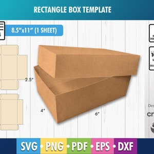 Può includere: Un modello stampabile per una scatola rettangolare, mostrata come una scatola di cartone marrone con dimensioni di 15,2 cm per 10,2 cm per 6,4 cm. Il modello è progettato per l'uso con macchine da taglio Cricut. Il modello viene stampato su un foglio di carta di 21,6 cm per 27,9 cm.
