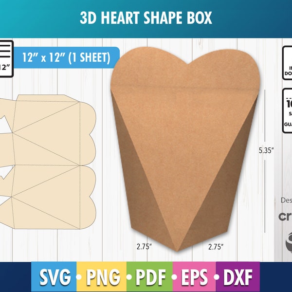 3D Heart Shape Box Template Svg, Gift Box Svg, Packaging Box Svg, DIY Box, Wedding favors Box Template, Box Vector svg, png, pdf, Cricut