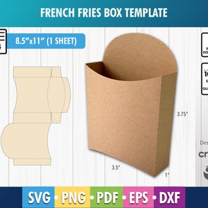 May include: A printable template for a French fries box, shown in a brown color. The template is designed for use with a Cricut cutting machine. The template is 8.5 inches by 11 inches and includes a diagram showing how to assemble the box.