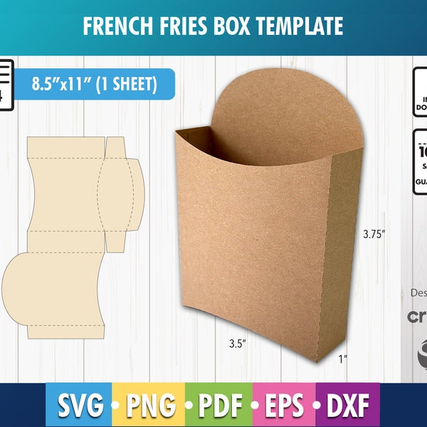French fries box template, french fry box, chips box, popcorn box, pop corn box, SVG, DXF, PDF, Cricut, Silhouette