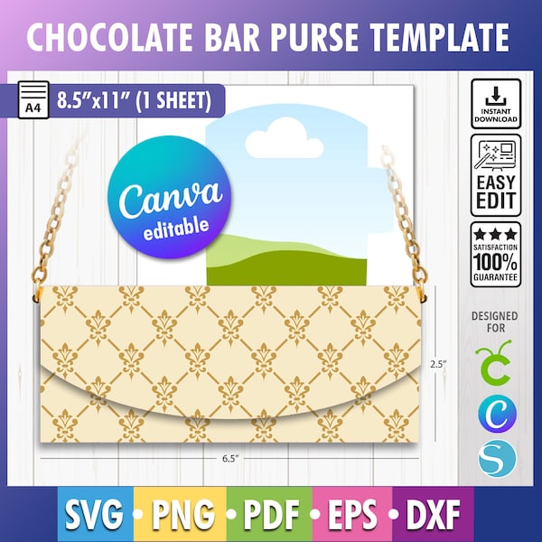 Modèle de sac à main barre chocolatée Canva, modèle chocolat, modèle barre chocolatée, modèle de sac à main bar, emballage de sac à main barre chocolatée, Svg, Dfx, Canva