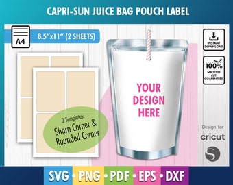 May include: A printable template for Capri-Sun juice pouch labels. The template includes two designs: one with sharp corners and one with rounded corners. The template is 8.5 inches by 11 inches and comes with two sheets. The template is designed for use with Cricut.