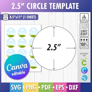 May include: A sheet of printable 2.5 inch circle templates featuring a green hill and blue sky design. The sheet is 8.5 inches by 11 inches and is designed for use with Canva.