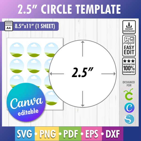 2.5" Inch Circle Template, 2.5" blank template, round label Template, DXF, Svg, Cricut, Silhouette, Canva round template 2.5in circle